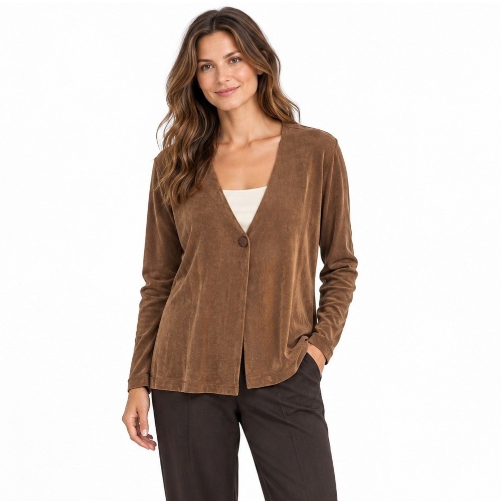 Laura Ashley Slinky Stretch Cardigan Large Brown V Neck Single Button Minimalist